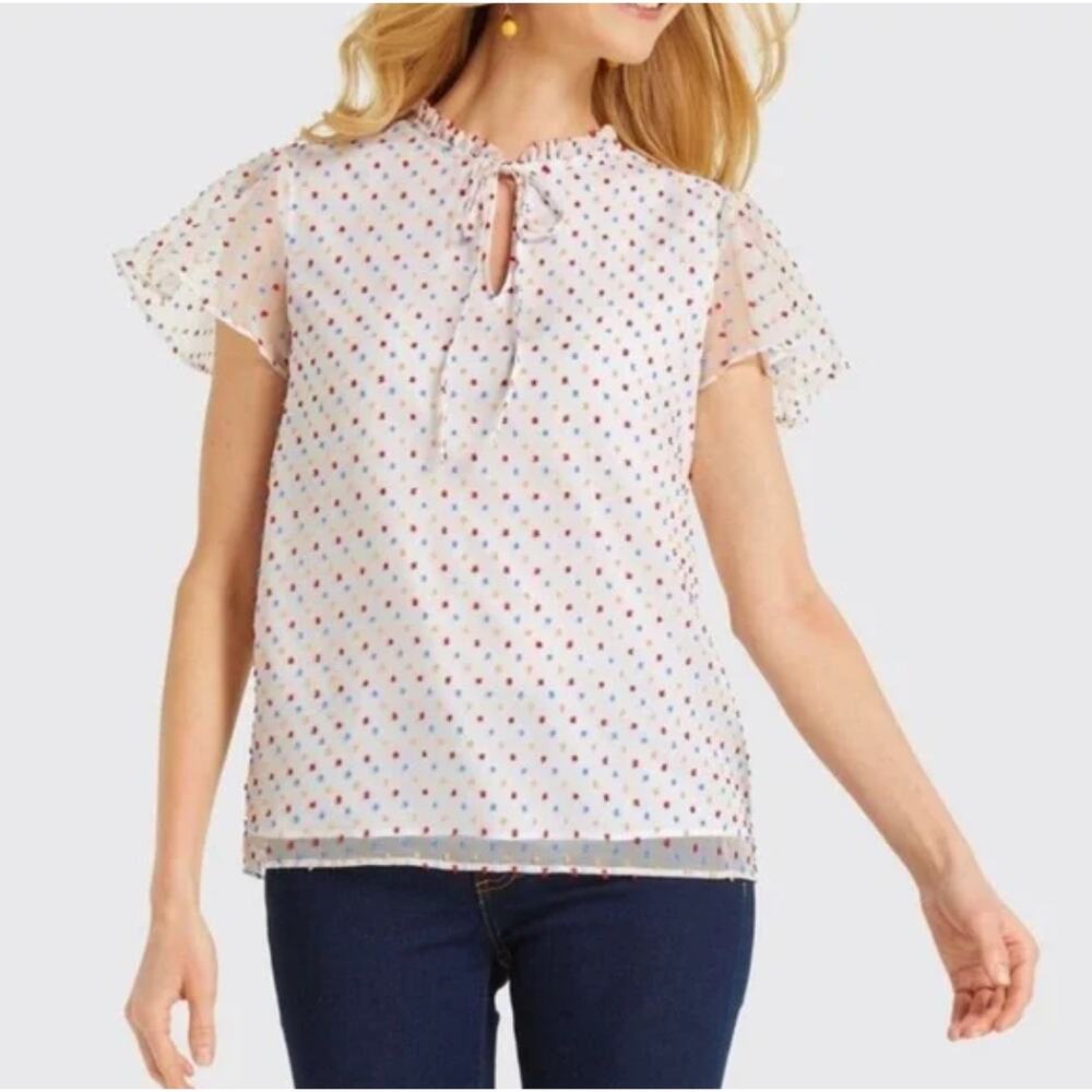 Draper James Women's White Dot Flutter Sleeve Blouse Size Medium Rainbow Polka - Picture 10 of 12